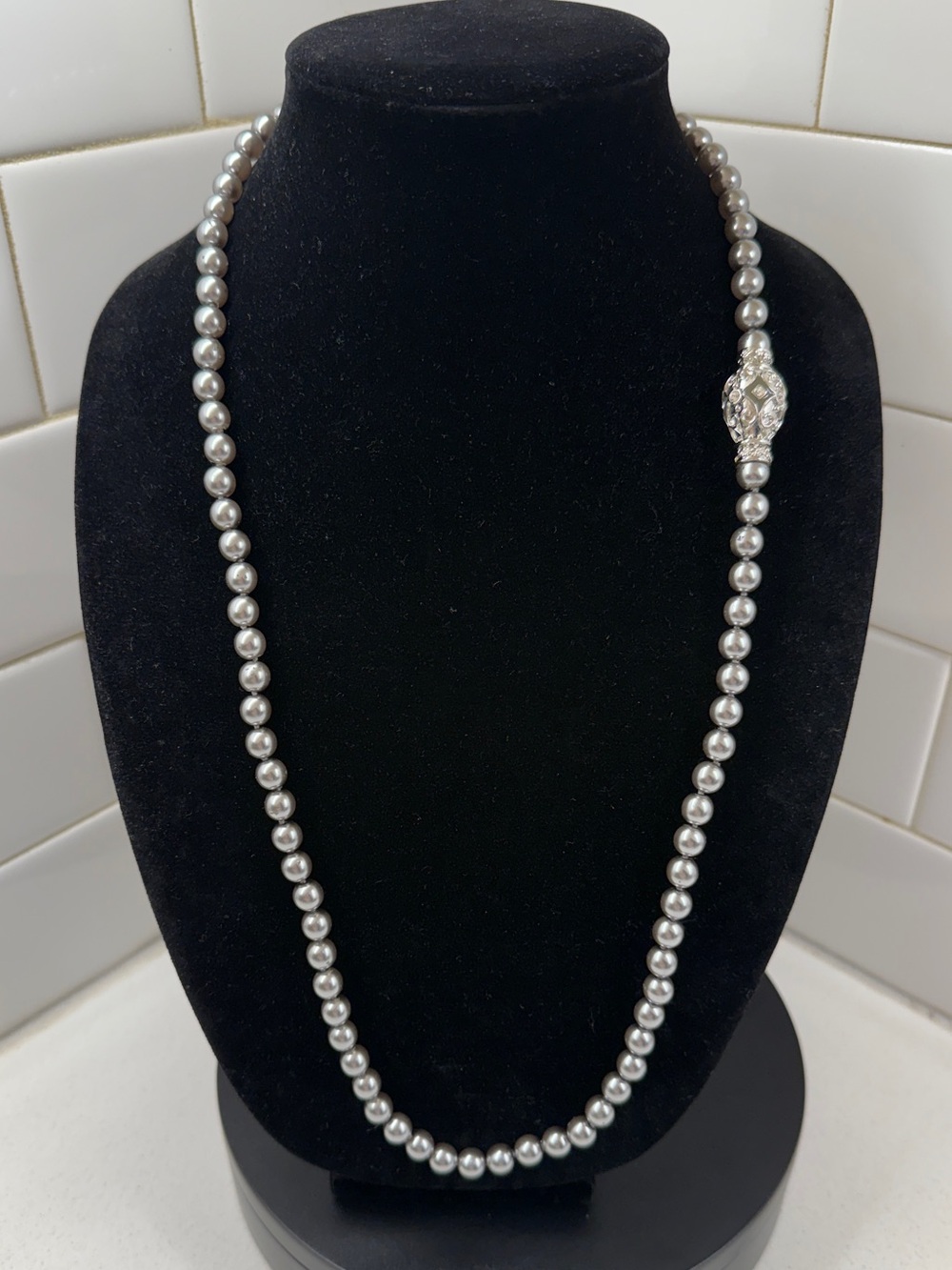 Classic Silver Pearl Strand Necklace with Decorative Clasp